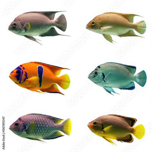 Tropical beautiful colorful fishes collection isolated on white background. Set of different aquarium fish, undersea life, aquatic organism, pet. photo