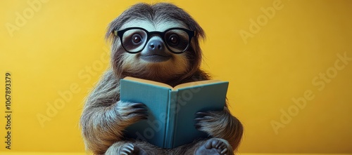 Happy sloth wearing glasses and reading a book against a cozy backdrop