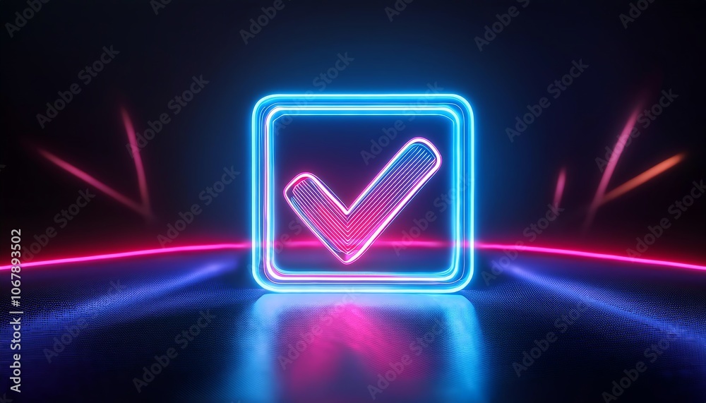 A vibrant neon checkmark icon in a square frame, glowing against a dark background with dynamic light streaks. A vibrant neon checkmark icon in a square frame, glowing against a dark background with dynamic light streaks.