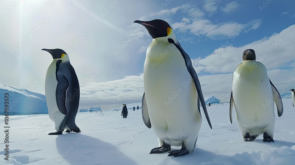 Fototapeta premium Three Emperor Penguins on Snowy Landscape in Antarctica