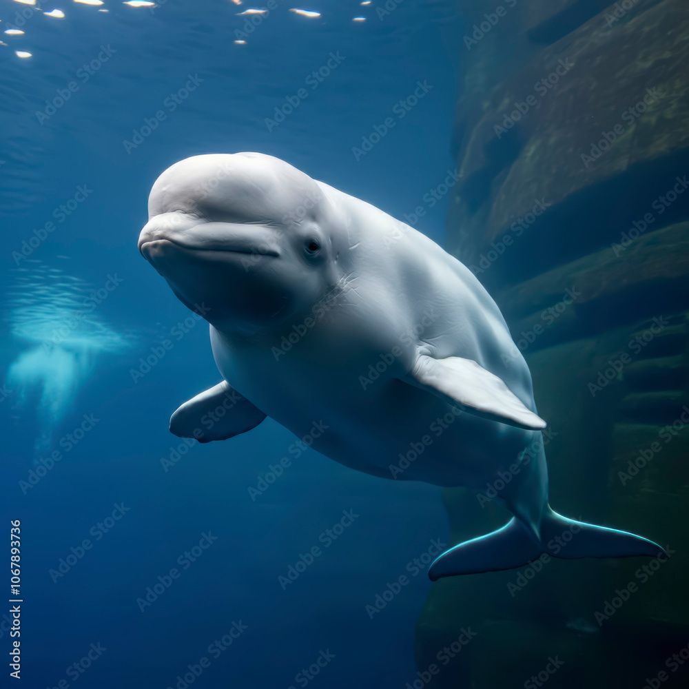 Fototapeta premium The beluga whale or white whale, is a fascinating creature of the Arctic and sub-Arctic seas. They are known for their snowy white color and their wide range of vocalization, earning