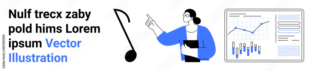 Business professional pointing at a whiteboard with graphs and charts. Musical note symbolizes creativity. Ideal for business, analysis, marketing, presentations, reports, creativity, and education Business professional pointing at a whiteboard with graphs and charts. Musical note symbolizes creativity. Ideal for business, analysis, marketing, presentations, reports, creativity, and education