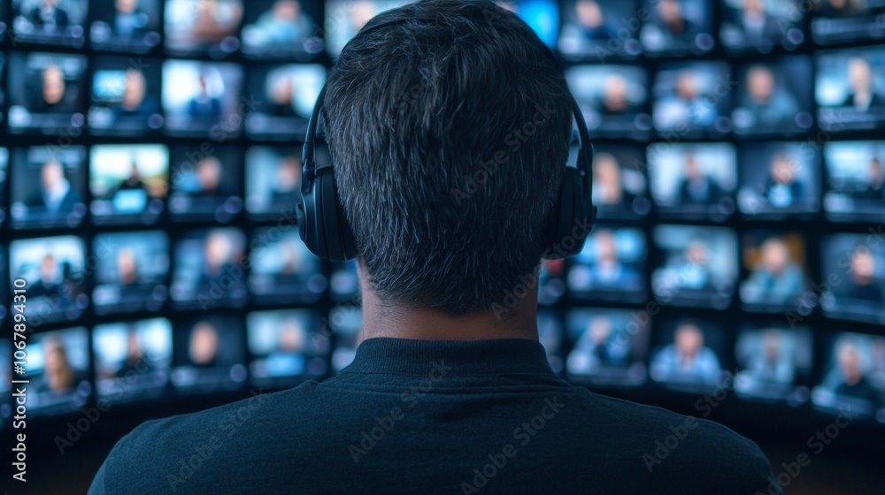 A man with headphones looking at a wall of video screens. A man with headphones looking at a wall of video screens.