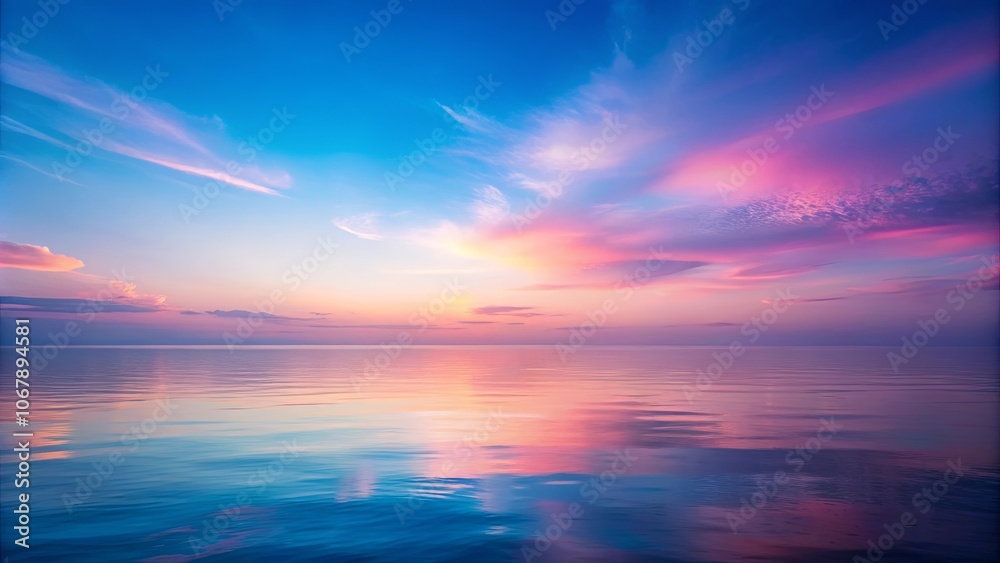 Obraz premium The tranquil expanse of the sea reflects the vibrant hues of a fading sunset, painting the water with a delicate tapestry of pink and blue.