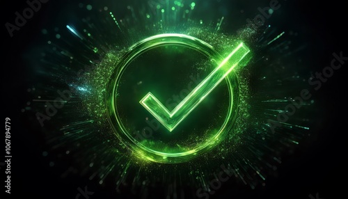 A glowing green check mark surrounded by sparkles on a dark background, symbolizing success or confirmation. photo