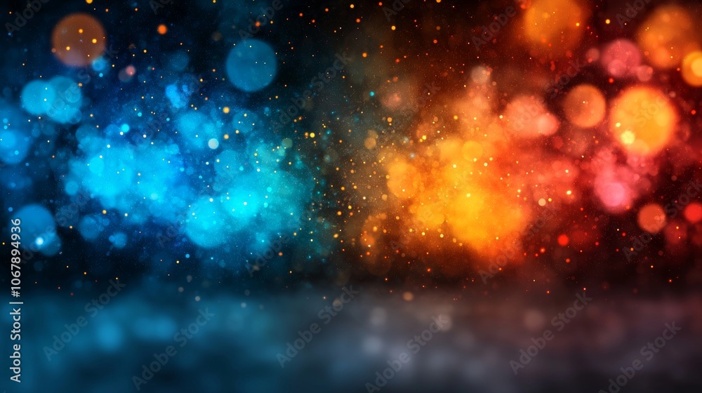 Abstract background with blue and orange bokeh lights on a black background. Abstract background with blue and orange bokeh lights on a black background.