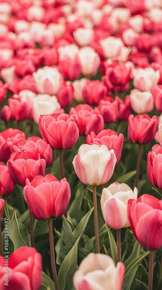 A vibrant field of pink and white tulips in full bloom. A vibrant field of pink and white tulips in full bloom.