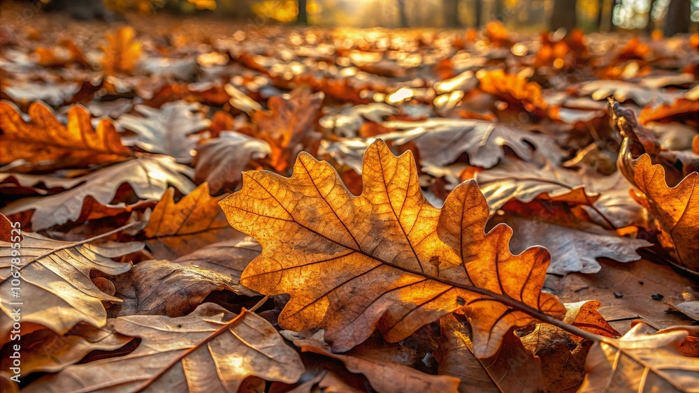 A single, crisp autumn leaf illuminated by the warm glow of the setting sun, showcasing its intricate veins and delicate textures amidst a bed of fallen foliage. A single, crisp autumn leaf illuminated by the warm glow of the setting sun, showcasing its intricate veins and delicate textures amidst a bed of fallen foliage.