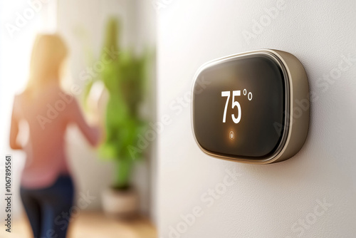 Smart home temperature sensor with thermostat based on artificial intelligence or AI. Selective focus background