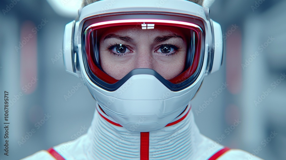Close-up portrait of a woman in a futuristic helmet and spacesuit. Close-up portrait of a woman in a futuristic helmet and spacesuit.