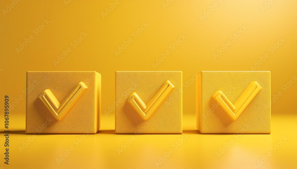 Three textured yellow blocks with checkmarks on a vibrant yellow background, symbolizing approval or completion. Three textured yellow blocks with checkmarks on a vibrant yellow background, symbolizing approval or completion.