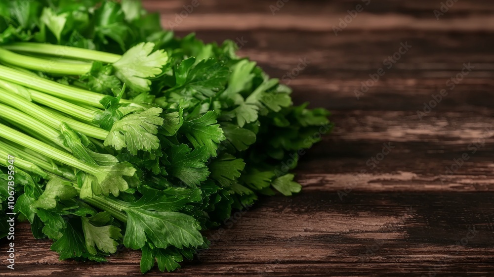 Fresh green celery stalks on a rustic wooden background. Fresh green celery stalks on a rustic wooden background.