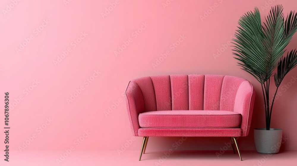 Pink velvet sofa with a plant in front of a pink wall. Pink velvet sofa with a plant in front of a pink wall.
