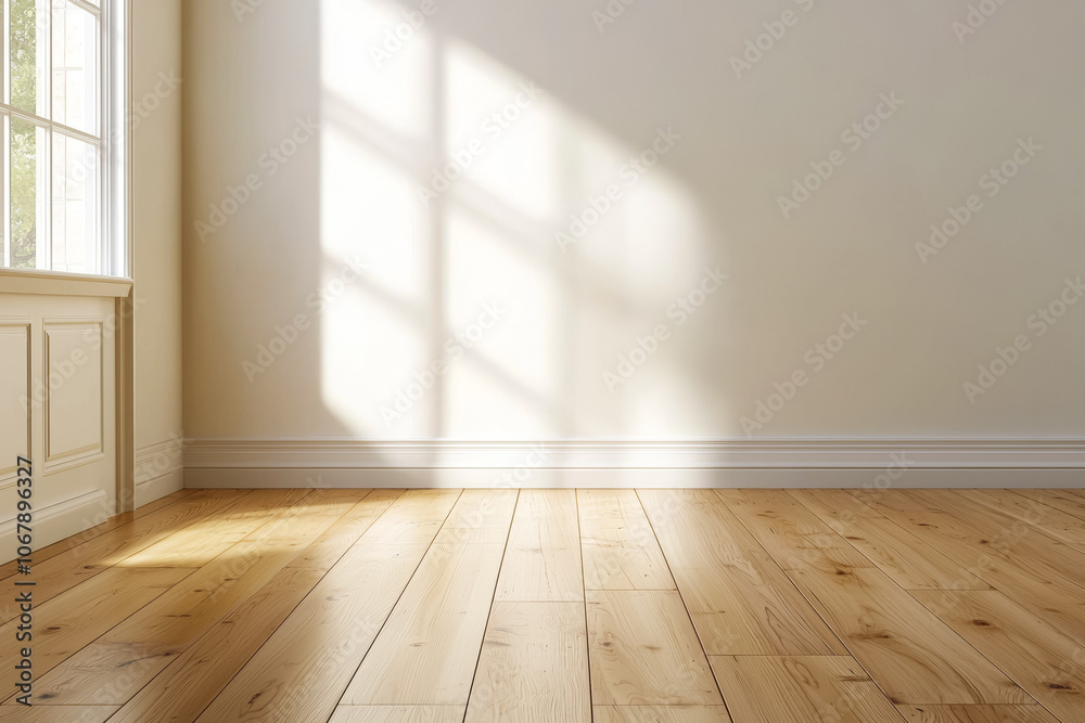 A large, empty room with a window and a white wall A large, empty room with a window and a white wall