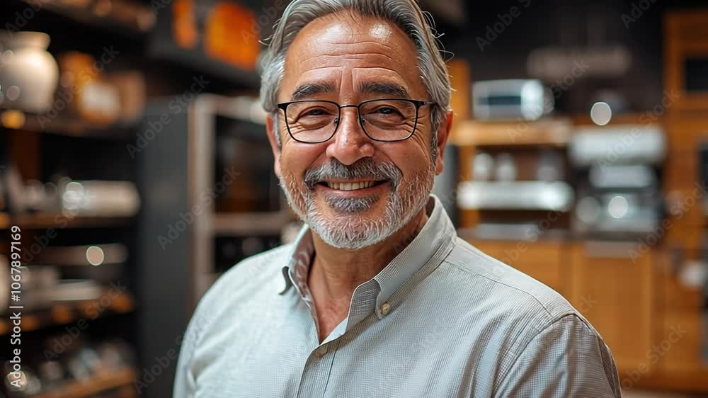 Smiling older man in a kitchenware store looking at the camera with a welcoming expression Smiling older man in a kitchenware store looking at the camera with a welcoming expression