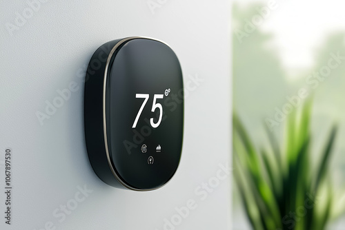 Smart home temperature sensor with thermostat based on artificial intelligence or AI. Selective focus background