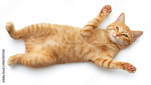 Playful Orange Cat Stretching on White Background