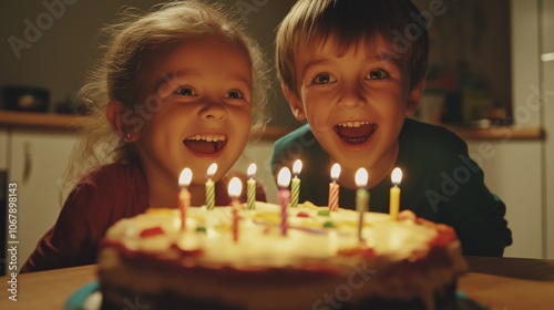 A colorful and festive birthday cake, adorned with bright candles, symbolizes celebration and happiness as two thrilled kids look at it, anticipating delicious fun.