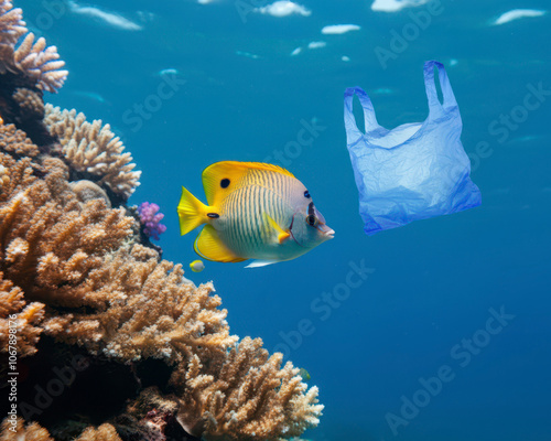 Fish swiimming underwater with plastic bag , Ocean pollution concept photo