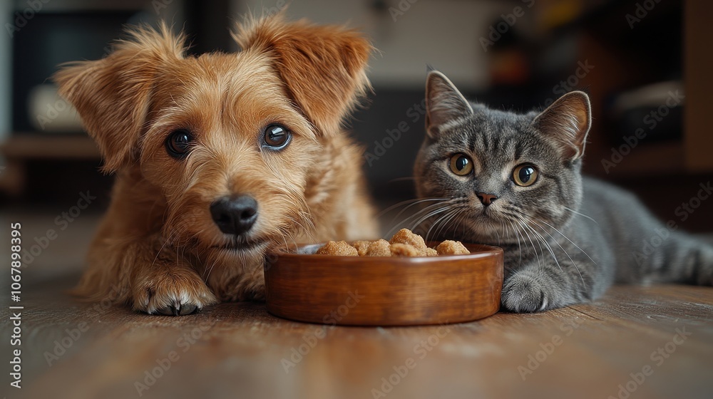 Jack Russell dog and cat sharing a meal from the same bowl indoors Jack Russell dog and cat sharing a meal from the same bowl indoors