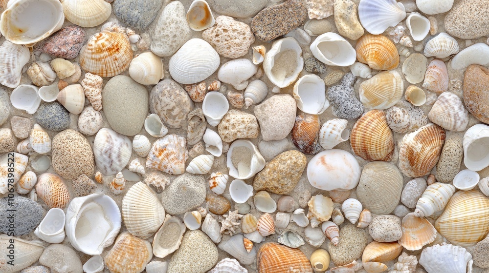 Collection of seashells arranged on a sandy beach background Collection of seashells arranged on a sandy beach background