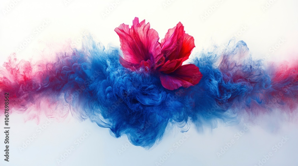 Vibrant flower amidst swirling blue and pink smoke abstract background Vibrant flower amidst swirling blue and pink smoke abstract background