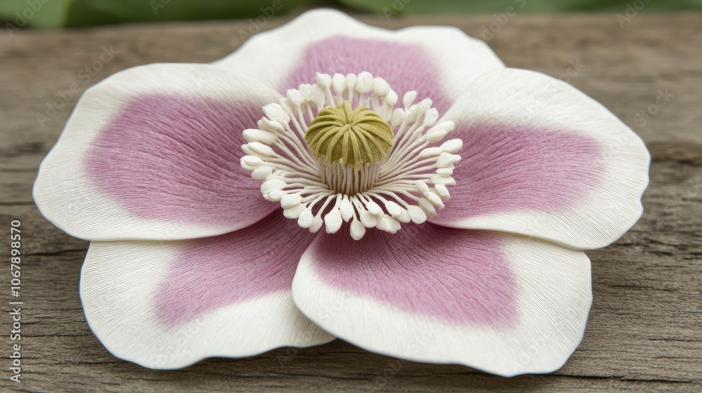 Intricately designed edible flower in pink and white hues on wood surface Intricately designed edible flower in pink and white hues on wood surface