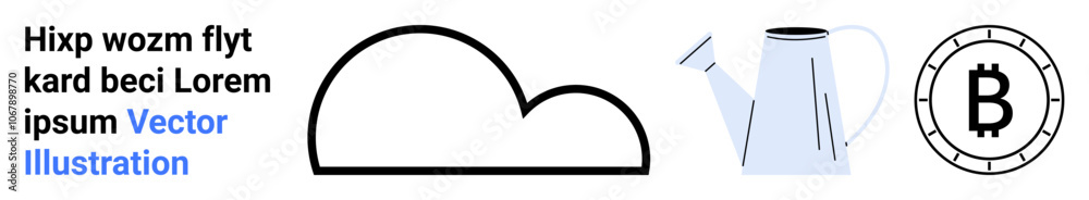 Black cloud outline, blue watering can, and black Bitcoin coin symbol alongside placeholder text. Ideal for weather, gardening, cryptocurrency, placeholder design, simplicity, vector art, modern web Black cloud outline, blue watering can, and black Bitcoin coin symbol alongside placeholder text. Ideal for weather, gardening, cryptocurrency, placeholder design, simplicity, vector art, modern web