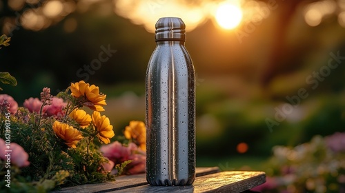 Stainless steel water bottle surrounded by colorful flowers at sunset