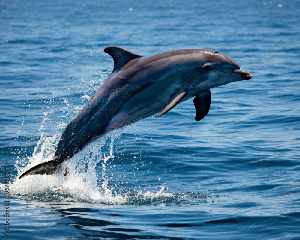 Fototapeta premium Sleek dolphin leaps gracefully from the sparkling ocean, its body arcing through the sunlight. The water splashes creating a shimmering halo as the dolphin returns