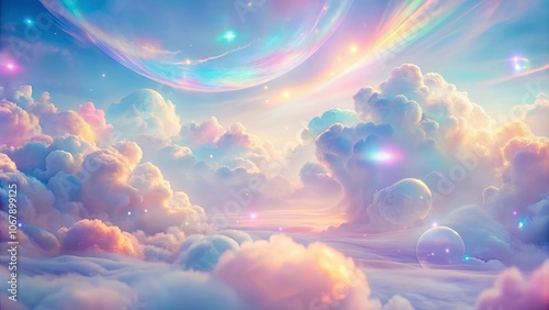 A celestial tapestry woven with ethereal clouds and shimmering orbs, bathed in a symphony of pastel hues. photo