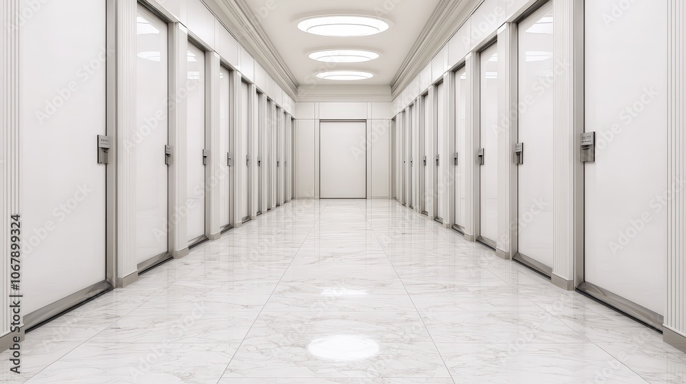 Empty Booths at a Convention Center Modern Architecture White Doors Marble Floor Empty Booths at a Convention Center Modern Architecture White Doors Marble Floor