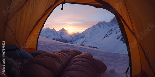 Very beautiful natural scenery looking out of the tent at sunrise/sunset with sleeping bag on the ground. Wallpaper, outdoor sports, outdoors, poster, background, camping, lifestyle