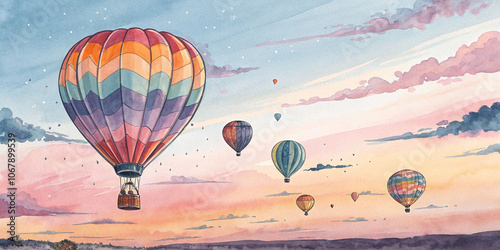 Watercolor hot air balloons  flying in a pastel sky