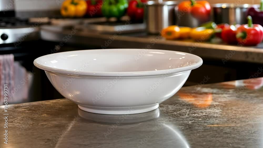 A white ceramic bowl sits on a stainless steel countertop in a kitchen A white ceramic bowl sits on a stainless steel countertop in a kitchen