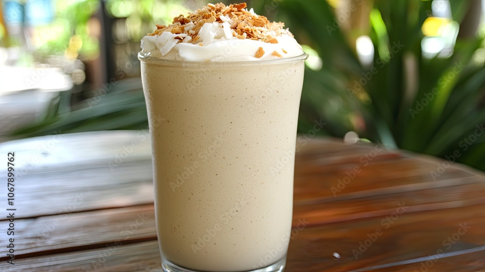 Delicious creamy milkshake topped with coconut and nuts Delicious creamy milkshake topped with coconut and nuts