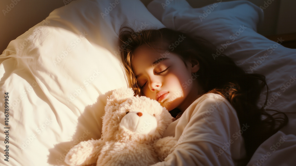 Peaceful girl sleeping with a teddy bear in soft light Peaceful girl sleeping with a teddy bear in soft light