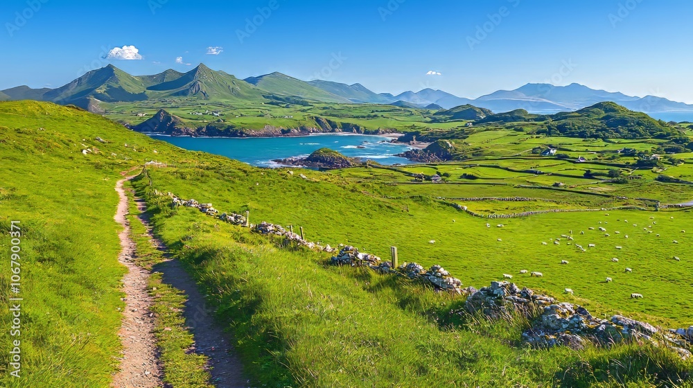Obraz premium Scenic coastal landscape with a winding path and lush green hills.
