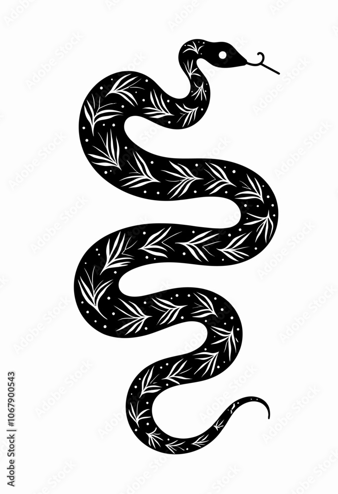 Fototapeta premium Tribal Snake Silhouette: Black and White Folk Art with Scandinavian Motifs, Vector Illustration for Boho Decor, Ethnic Fashion, Digital Art