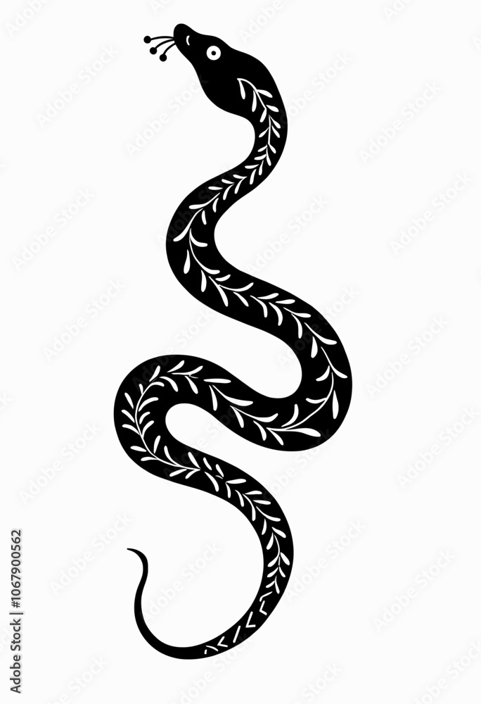 Fototapeta premium Nordic Folk Art Snake: Minimalist Black Silhouette with White Geometric Motifs, Vector Design for Contemporary Decor, Tattoo Art