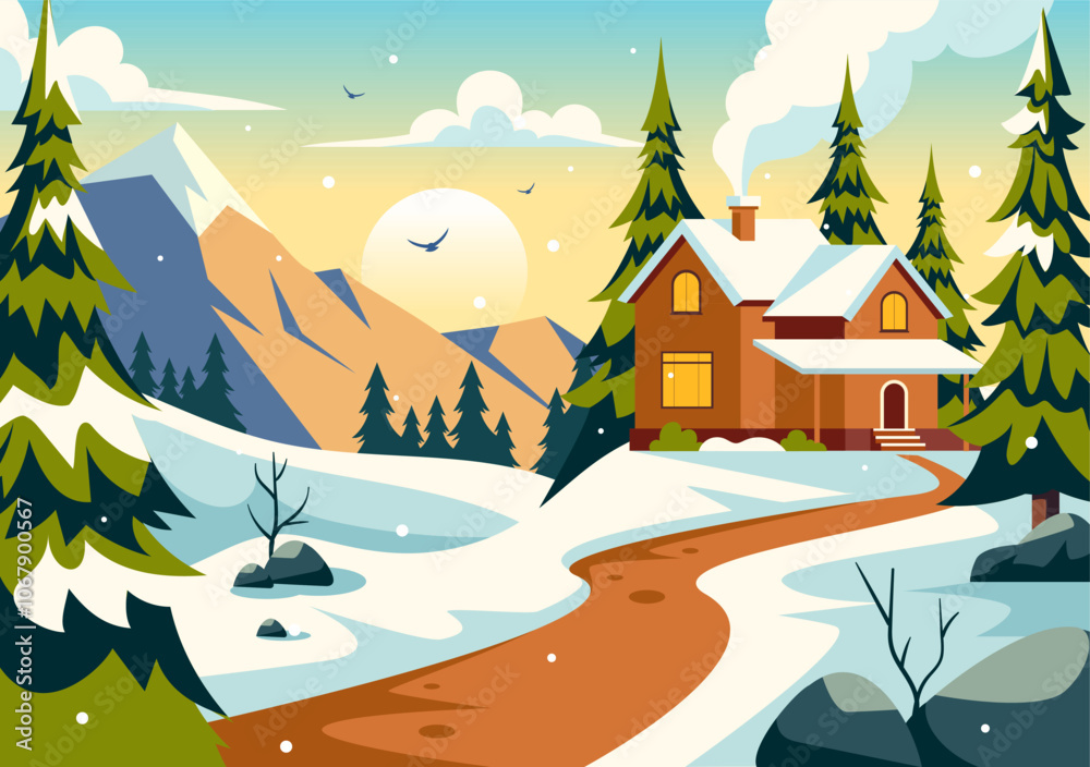 Charming Winter Village Vector Illustration featuring Cozy Houses in a Scenic Snowy Mountain Landscape, with a Serene Nature Setting in a Background Charming Winter Village Vector Illustration featuring Cozy Houses in a Scenic Snowy Mountain Landscape, with a Serene Nature Setting in a Background