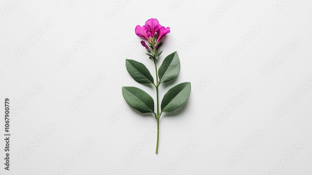 A single purple flower with green leaves on a white background A single purple flower with green leaves on a white background