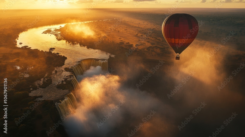 Obraz premium Hot Air Balloon Over Victoria Falls at Sunrise