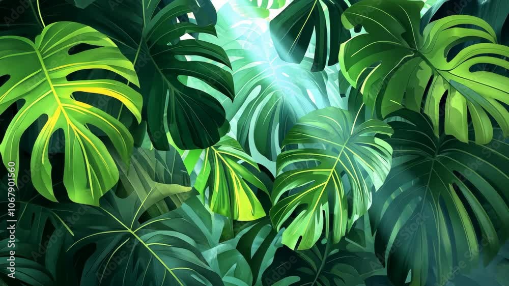 Sunbeams peek through large, leafy plants in a lush tropical forest Sunbeams peek through large, leafy plants in a lush tropical forest