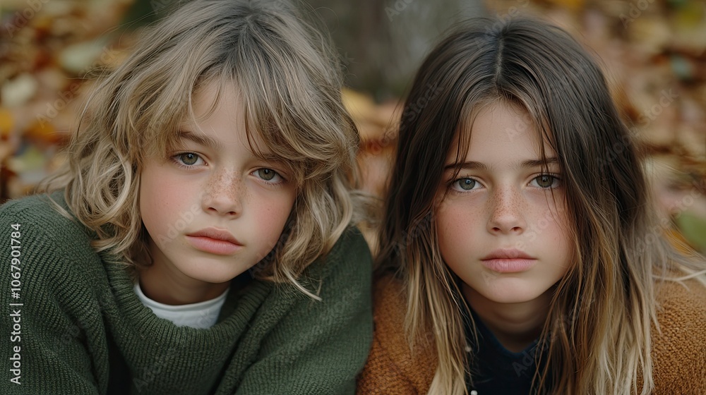 Two children with expressive eyes in a natural setting Two children with expressive eyes in a natural setting