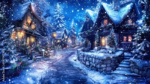 Enchanting winter village scene covered in snow at night