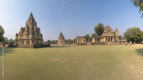 A panoramic view of the iconic Khajuraho Temples, highlighting their erotic sculptures and detailed stone carvings against a clear blue sky
