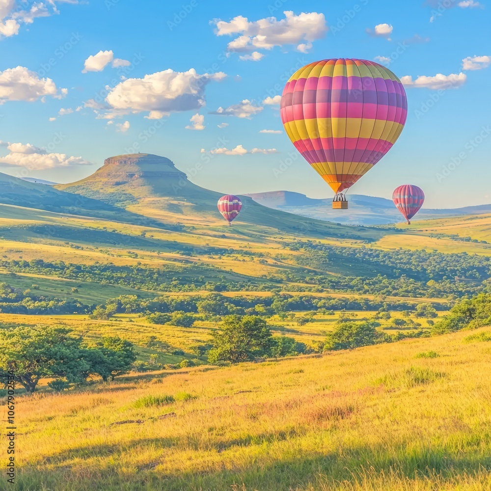 Obraz premium Colorful hot air balloons float over a scenic landscape at sunrise.