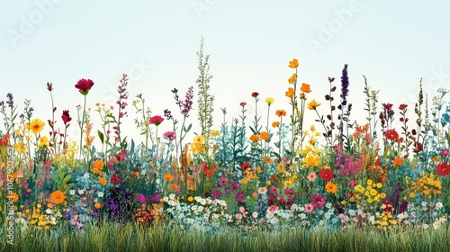 Vibrant floral meadow with a variety of colorful wildflowers in bloom