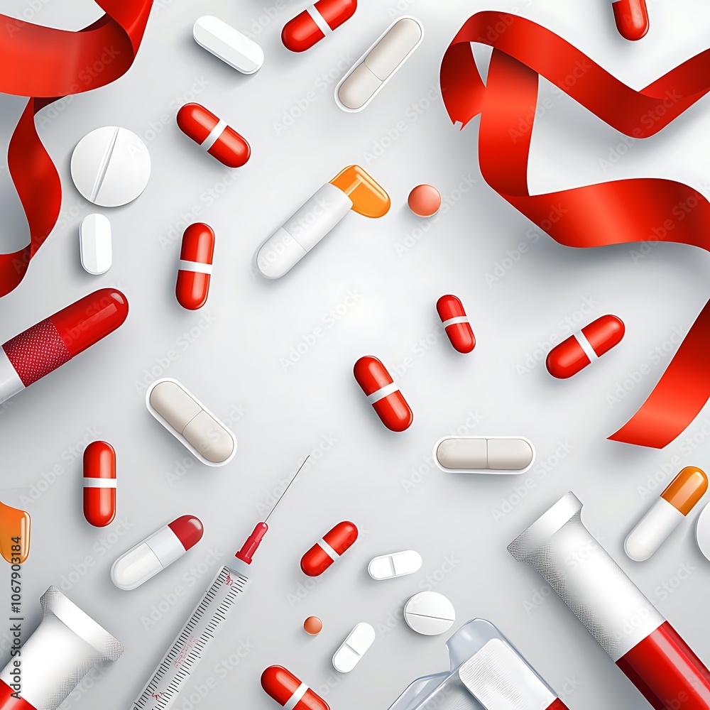 A bunch of pills and a syringe are scattered on a white background A bunch of pills and a syringe are scattered on a white background